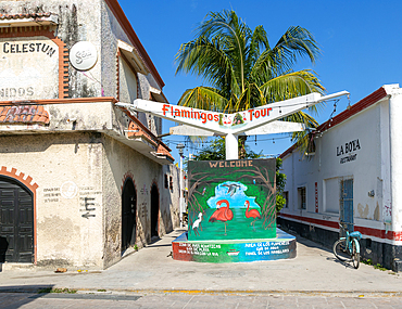 Flamingo tour advertising at small coastal settlement on Gulf of Mexico, Celestun, Yucatan, Mexico, North America