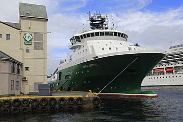 Avila Jupiter tug supply vessel ship in the harbour, city of Bergen, Norway, Scandinavia, Europe