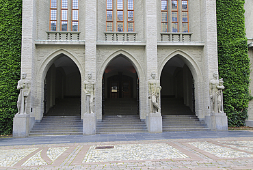 Four Cardinal Virtues statues outside law court building, city of Bergen, Norway, Scandinavia, Europe