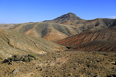 Bare moon-like arid landscape in mountains between Pajara and La Pared, Fuerteventura, Canary Islands, Spain, Atlantic, Europe