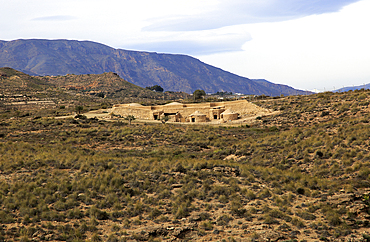 Reconstruction of buildings, Los Millares prehistoric Chalcolithic settlement archaelogical site, Almeria, Andalusia, Spain, Europe