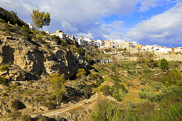 Buildings perched on edge of clifftop, Sorbas, Almeria, Andalusia, Spain, Europe