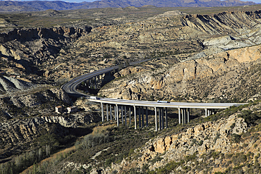 Motorway A7 road running through limestone desert, Paraje Natural de Karst en Yesos, Almeria, Andalusia, Spain, Europe