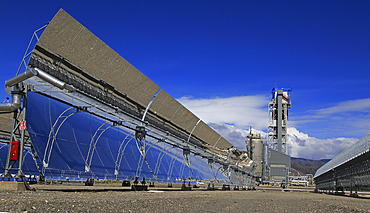 Curved concave reflector panels desalinisation plant at the solar energy scientific research centre, Tabernas, Almeria, Andalusia, Spain, Europe