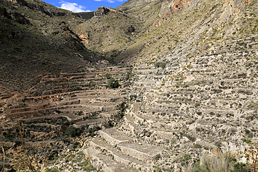 Hillside terraces countryside landscape, near Huebro, Ruta del Agua, Sierra Alhamilla mountains, Nijar, Almeria, Andalusia, Spain, Europe