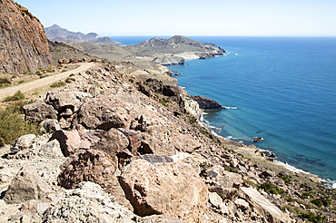 Coastal landscape, Cabo de Gata natural park, looking east towards San Jose, Almeria, Andalusia, Spain, Europe