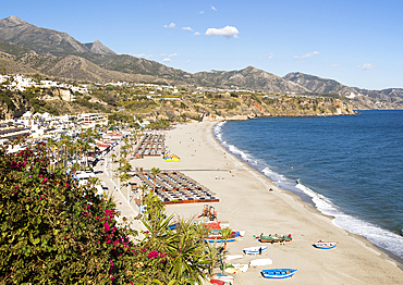 Playa Burriana sandy beach at popular holiday resort town of Nerja, Malaga province, Andalusia, Spain, Europe