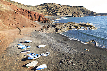 Fishing boats black sand beach, El Golfo, Lanzarote, Canary Islands, Spain, Atlantic, Europe