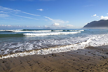 Atlantic Ocean coast beach and waves, Caleta de Famara, Lanzarote, Canary islands, Spain, Atlantic, Europe