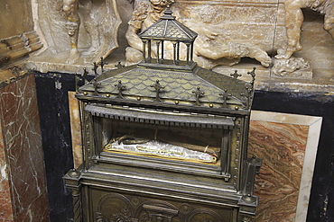 Casket containing a Religious relic, the preserved arm of Saint Vincent, inside cathedral church building, city of Valencia, Spain, Europe