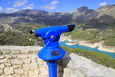 Telescope viewpoint over Guadalest reservoir lake, Embossment de Guadalest, Valley of Gaudalest, Alicante province, Spain, Europe