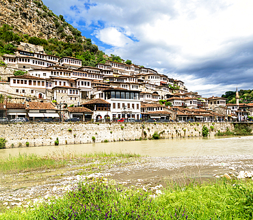 Ottoman architecture of buildings in the Mangalemi quarter on north bank of River Osumi, Berat, UNESCO World Heritage Site, Albania, Europe