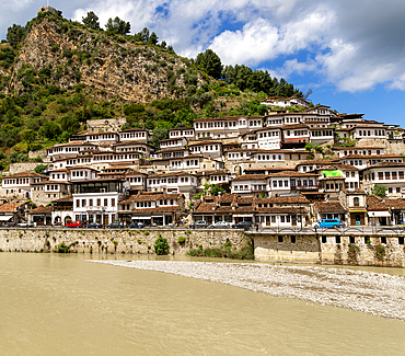 Ottoman architecture of buildings in the Mangalemi quarter on north bank of River Osumi, Berat, UNESCO World Heritage Site, Albania, Europe