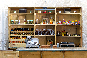 Retro shop shelves inside VANA wine bar cafe, Parque de la Mejorada, Merida, Yucatan State, Mexico, North America