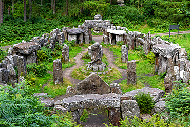 Stone circle in a lush green forest setting, resembling ancient ruins or a mystical Druid temple, North Yorkshire, England, United Kingdom, Europe