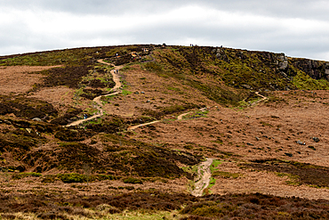 Winding trail through a heather-covered moorland with a cloudy sky in Ilkley, North Yorkshire, England, United Kingdom, Europe