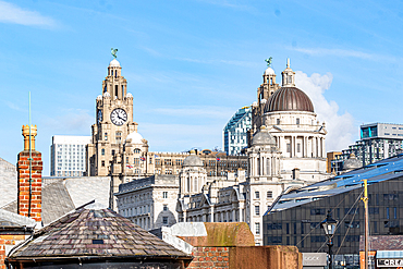 Liverpool skyline with historic buildings and clear blue sky, Liverpool, Merseyside, England, United Kingdom, Europe