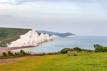 Scenic landscape photo of the chalk cliffs of the Seven Sisters, South Downs National Park, East Sussex, England, United Kingdom, Europe