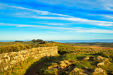 Scenic view of an ancient stone wall stretching across a rugged landscape under a clear blue sky at Sycamore Gap, Northumberland, UK.