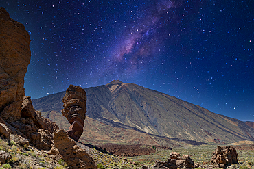 Majestic night sky with Milky Way over a serene mountain landscape in the Teide National Park, UNESCO World Heritage Site, Tenerife, Canary Islands, Spain, Atlantic, Europe