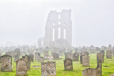 A foggy cemetery with old tombstones and a large, ancient, ruined building in the background.