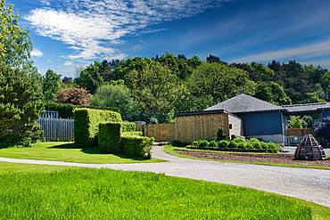 A well-maintained garden with a winding gravel path, neatly trimmed hedges, and a modern house surrounded by lush greenery under a blue sky with scattered clouds.