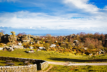 Scenic landscape with rocky formations, greenery, and a clear sky, ideal for travel and nature themes at Brimham Rocks, in North Yorkshire