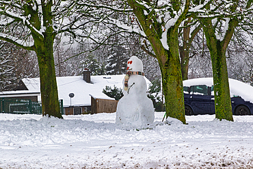 A snowman with a scarf stands in a snowy landscape, between two snow-covered trees. A snow-covered house and car are visible in the background in Harrogate, UK.