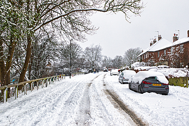 Snow-covered residential street with parked cars, snow-laden trees, and a wooden fence. The scene is overcast and quiet in Harrogate, UK.