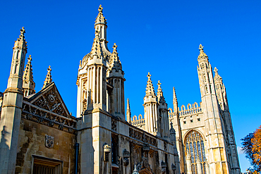 Gothic architecture of an old cathedral against a clear blue sky, York, Yorkshire, England, United Kingdom, Europe