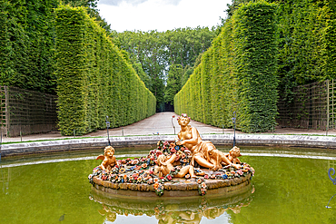 A symmetrical image of a garden fountain with golden figures in a pond, framed by manicured hedges and a pathway at Palace of Versailles, Paris.