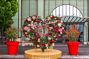A large, heart-shaped floral display stands on a yellow platform in front of a building. Two large potted plants flank the display.