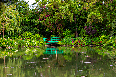 Lush green foliage frames a reflective pond with a bright green arched footbridge in the background in Giverny, France.