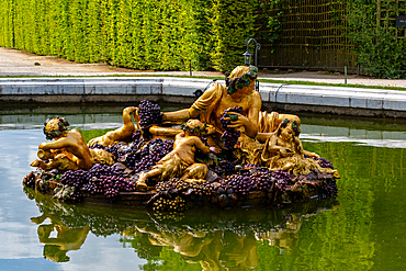 Golden sculptures of figures with grapes on a platform in a pond, with green hedges in the background at Versailles Gardens, Paris.