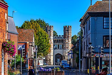 Quaint street with historic architecture and clear blue sky in Canterbury, Kent, England, United Kingdom, Europe