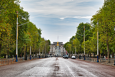 A wide, tree-lined avenue leads to a grand palace with a prominent golden statue at its center. The sky is overcast, and a few cars are visible on the wet road in London, UK.