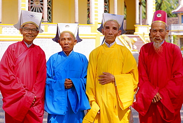 Portrait of four Cao Dai high priests, Long Hoa, Tayninh Province, Vietnam, Indochina, Southeast Asia, Asia