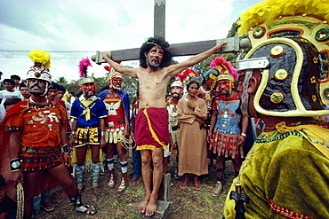 Easter Holy Week Way of the Cross procession and crucifixion during annual Moriones festival in the Philippines, Southeast Asia, Asia