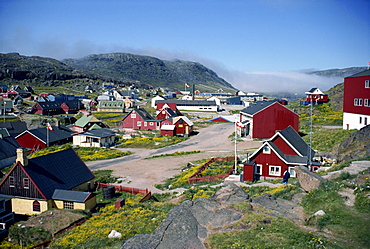 Aerial view over Julianehab, Greenland, Polar Regions