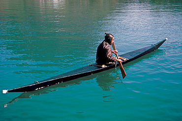 Inuit in traditional kayak, Greenland, Polar Regions