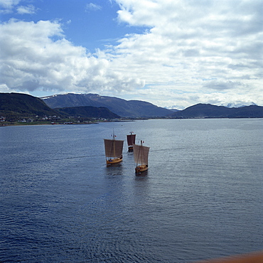 Replica Viking boats, near Alesund, West Norway, Scandinavia, Europe