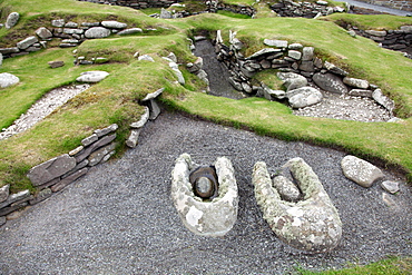 Prehistoric Quorns for grinding grain, Jarlshof, Shetland, Shetland Islands, Scotland, United Kingdom, Europe