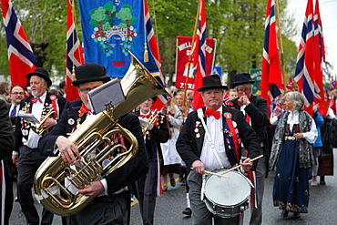 Marching band in the May 17th Norwegian National Day parade, Asker, near Oslo, Norway, Scandinavia, Europe