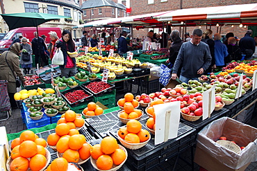 Stalls with various dislays of different fruit at the Oxford Fruit Market, Oxford, Oxfordshire, England, United Kingdom, Europe