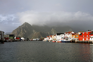 Henningsvaer and mountains after rain, Lofoten Islands, Norway, Scandinavia, Europe 