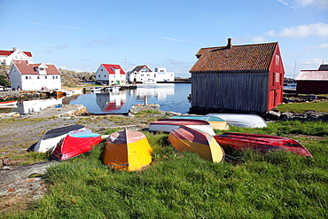 Upturned boats, South Harbour, Utsire island, west of Karmoy, Norway, Scandinavia, Europe 