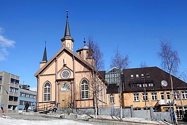 Church in the harbour square, Tromso, arctic Norway, Scandinavia, Europe