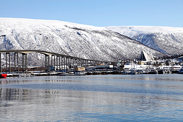 Tromso bridge and the Cathedral of the Arctic in Tromsdalen, Troms, Norway, Scandinavia, Europe