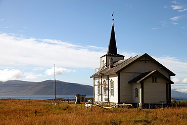 Church at uninhabited island of Helgoy, Troms, North Norway, Norway, Scandinavia, Europe