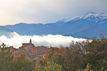 View of morning mist and Arboussols, village in the Pyrenees, Pyrenees-Orientales, Languedoc-Roussillon, France, Europe 